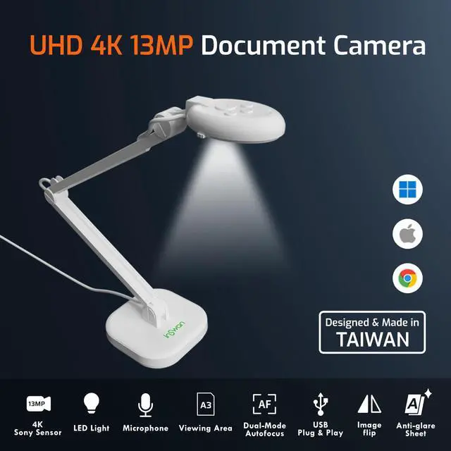 Alt view image 2 of 6 - INS-2 UHD 4K 13MP Document Camera, Built-in LED, Mic, A3 Capture | Dual AutoFocus, Plug & Play, Compatible with Mac, Windows, Chromebook, Ideal for large documents, artworks, big classrooms