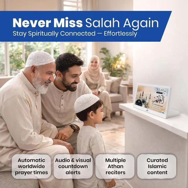 Alt view image 4 of 6 - 10" Smart WiFi Digital Azan Clock & Islamic Prayer Frame Automatic Worldwide Prayer & Iqamah Times, Full Quran Player, Athan Alarm, Ramadan Clock, Touchscreen Muslim Home Display, White