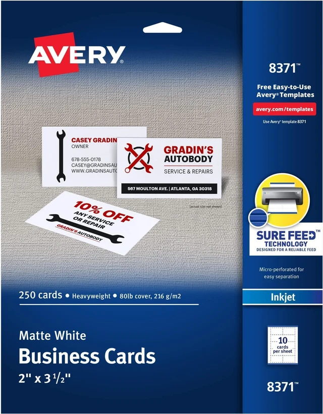 Main image of Printable Business Cards with Sure Feed Technology, 2" x 3.5", White, 250 Blank Business Cards, Inkjet Printer Paper (08371) (Pack of 5)