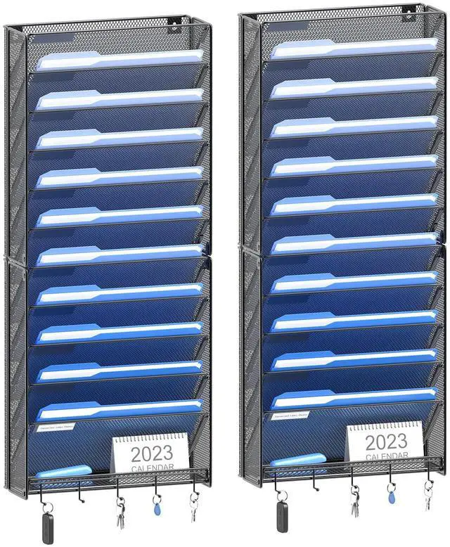 Main image of 2Pack 12 Tier Hanging Wall File Organizer with Hooks, Vertical Wall Mount File Folder Holder, Paper Document Mail Organizer for Office