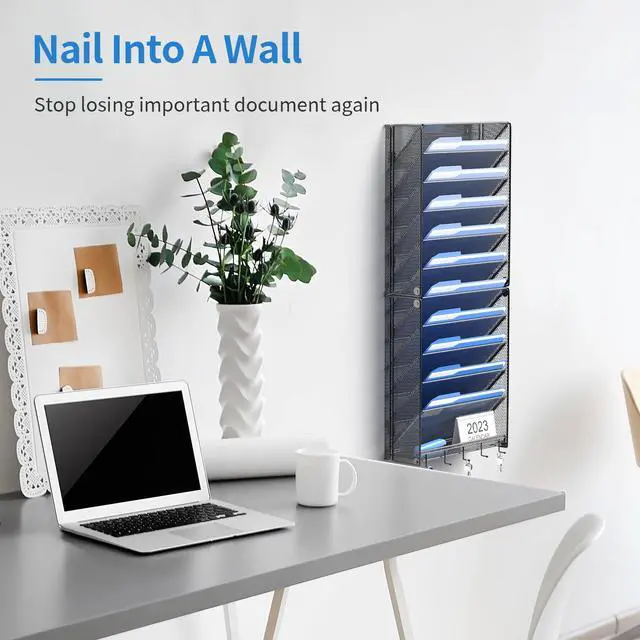 Alt view image 2 of 6 - 2Pack 12 Tier Hanging Wall File Organizer with Hooks, Vertical Wall Mount File Folder Holder, Paper Document Mail Organizer for Office