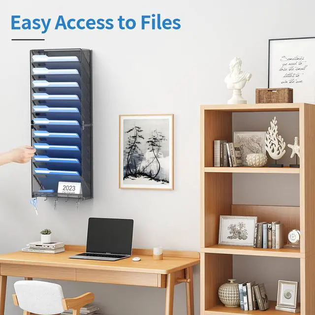 Alt view image 3 of 6 - 2Pack 12 Tier Hanging Wall File Organizer with Hooks, Vertical Wall Mount File Folder Holder, Paper Document Mail Organizer for Office