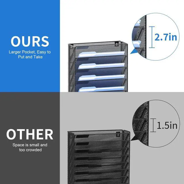 Alt view image 4 of 6 - 2Pack 12 Tier Hanging Wall File Organizer with Hooks, Vertical Wall Mount File Folder Holder, Paper Document Mail Organizer for Office