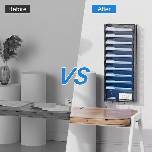 Alt view image 5 of 6 - 2Pack 12 Tier Hanging Wall File Organizer with Hooks, Vertical Wall Mount File Folder Holder, Paper Document Mail Organizer for Office