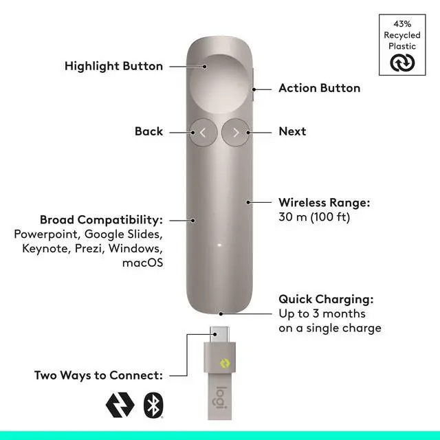 Alt view image 2 of 6 - Spotlight 2 Presentation Remote Wireless Clicker Haptics - Sand | Haptics, digital highlighting, customizable actions, laser pointer, quick charge, Bluetooth, USB-C