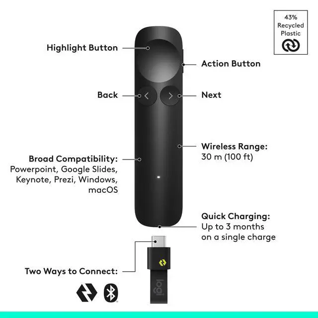 Alt view image 2 of 6 - Spotlight 2 Presentation Remote Wireless Clicker Haptics - Black | Digital Highlighting, Customizable Actions, Laser Pointer, Quick Charge, Bluetooth, USB-C