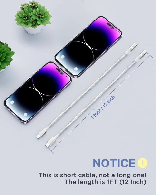 Alt view image 5 of 7 - 2Pack Short USB C to Lightning Cable 1ft, PD USB C to iPhone Charger Cable MFi Certified, Nylon Braided Short iPhone Charger Cord Fast Charging for iPhone 14 13 12 11 Pro Max XR XS X 8 Plus SE iPad