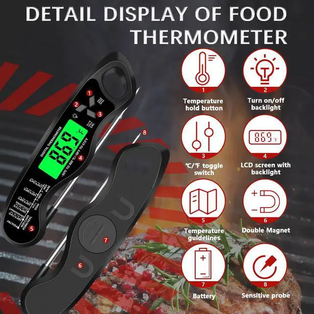 Alt view image 3 of 7 - Meat Thermometer DigitalIP67 Waterproof Cooking Thermometer with Backlight, Calibration & Hold FunctionFood Thermometer for Cooking,Outdoor Grilling