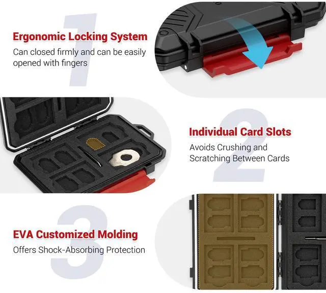 Alt view image 3 of 7 - Memory Card Case with 18 Slots, IP67 Waterproof Anti-Shock Travel Camera Memory Card Holder for 8 SD SDHC SDXC Cards & 4 MicroSD TF MSD & 4 CFexpress Type-A Cards & 2 Nano SIM Storage - Green