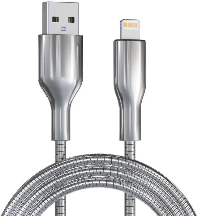 Main image of 6FT Chew Proof iPhone Charger Cord - MFi Certified Silver Metal Braided USB to Lightning Cable, Metal Dog Cat Chew Proof iPhone Charging Cord with Data Transfer, for iPhone 14 13 12 11 X XS XR 8 7 6 5