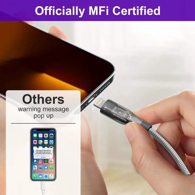Alt view image 5 of 7 - 6FT Chew Proof iPhone Charger Cord - MFi Certified Silver Metal Braided USB to Lightning Cable, Metal Dog Cat Chew Proof iPhone Charging Cord with Data Transfer, for iPhone 14 13 12 11 X XS XR 8 7 6 5