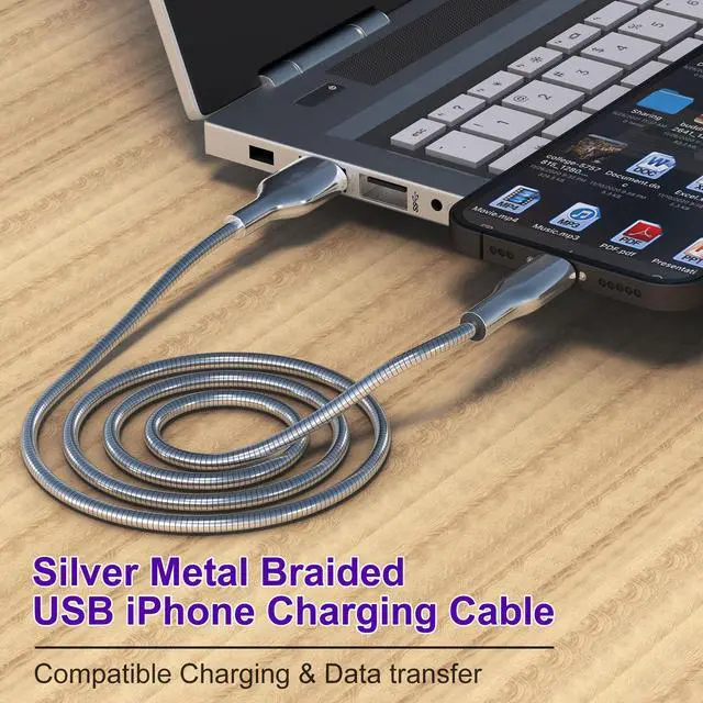Alt view image 3 of 7 - 6FT Chew Proof iPhone Charger Cord - MFi Certified Silver Metal Braided USB to Lightning Cable, Metal Dog Cat Chew Proof iPhone Charging Cord with Data Transfer, for iPhone 14 13 12 11 X XS XR 8 7 6 5