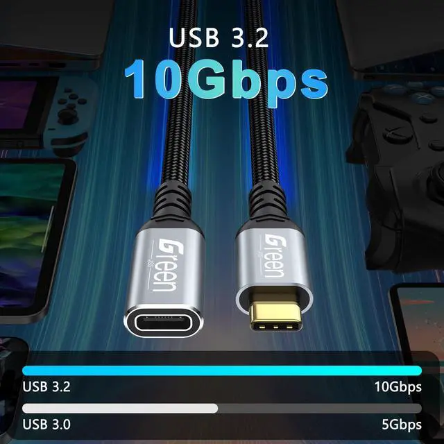 Alt view image 4 of 7 - USB C Extension Cable 10ft, 20Gbps/4K@60Hz, Video Heavy Duty USB3.2 Gen2 Extender Male to Female Full Function Ultra-High Speed Transfer USB Type C Extender 240W Fast Charging Cable