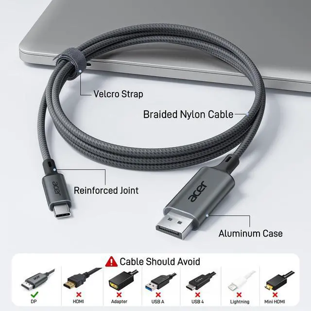 Alt view image 5 of 7 - USB C to Display Port Cable 6.6 FT (4K@60HZ 2K@165Hz), Type-C to Display Port Cord (Sturdy Aluminum, Plug & Play) Thunderbolt 3/4/5 Compatible with MacBook Pro/Air, iPhone 16 Pro/Max, XPS,Surface