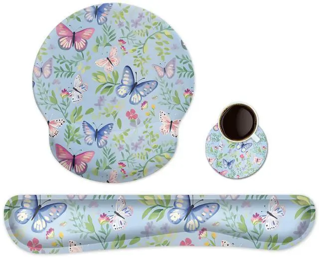 Main image of Ergonomic Keyboard Mouse Pad Wrist Rest Support Set for Laptop/Computer/Desktop,Memory Foam Hand Rest Wrist Cushion for Gaming/Office,Lightweight Comfortable & Pain Relief (Butterflies)