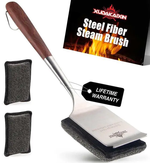 Main image of Bristle-Free Steam Cleaning Grill Brush Kit Luxurious Long Rosewood Handle, Includes 1 Replacement Head Safe BBQ Grill Cleaning for Outdoor Grill Great Gift for Men/Dad