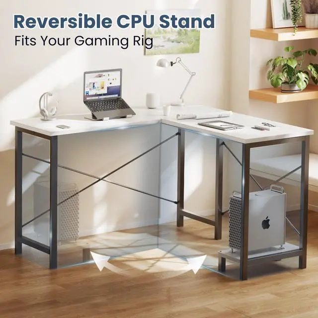 Alt view image 3 of 7 - 50-Inch Reversible L Shaped Desk with CPU Shelf, White
