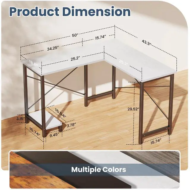 Alt view image 4 of 7 - 50-Inch Reversible L Shaped Desk with CPU Shelf, White