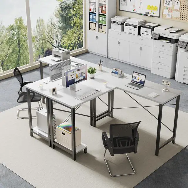 Alt view image 7 of 7 - 50-Inch Reversible L Shaped Desk with CPU Shelf, White