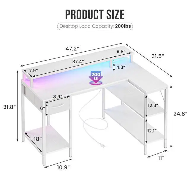 Alt view image 2 of 7 - 47" Gaming Desk with USB Charging Ports & LED Lights, Reversible L-Shaped Corner Computer Table for Small Spaces, Power Outlets, Monitor Stand & Storage Shelves Included, White