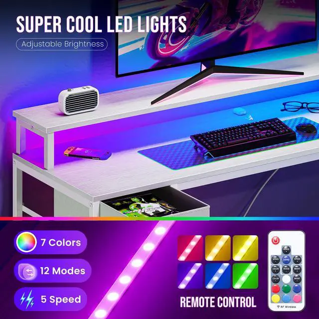 Alt view image 5 of 7 - 47" Gaming Desk with USB Charging Ports & LED Lights, Reversible L-Shaped Corner Computer Table for Small Spaces, Power Outlets, Monitor Stand & Storage Shelves Included, White