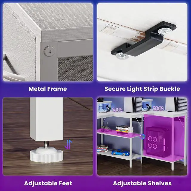Alt view image 4 of 7 - 47" Gaming Desk with USB Charging Ports & LED Lights, Reversible L-Shaped Corner Computer Table for Small Spaces, Power Outlets, Monitor Stand & Storage Shelves Included, White