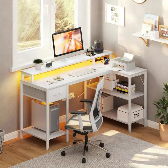 Alt view image 7 of 7 - 47" Gaming Desk with USB Charging Ports & LED Lights, Reversible L-Shaped Corner Computer Table for Small Spaces, Power Outlets, Monitor Stand & Storage Shelves Included, White