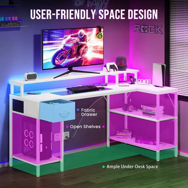 Alt view image 6 of 7 - 47" Gaming Desk with USB Charging Ports & LED Lights, Reversible L-Shaped Corner Computer Table for Small Spaces, Power Outlets, Monitor Stand & Storage Shelves Included, White