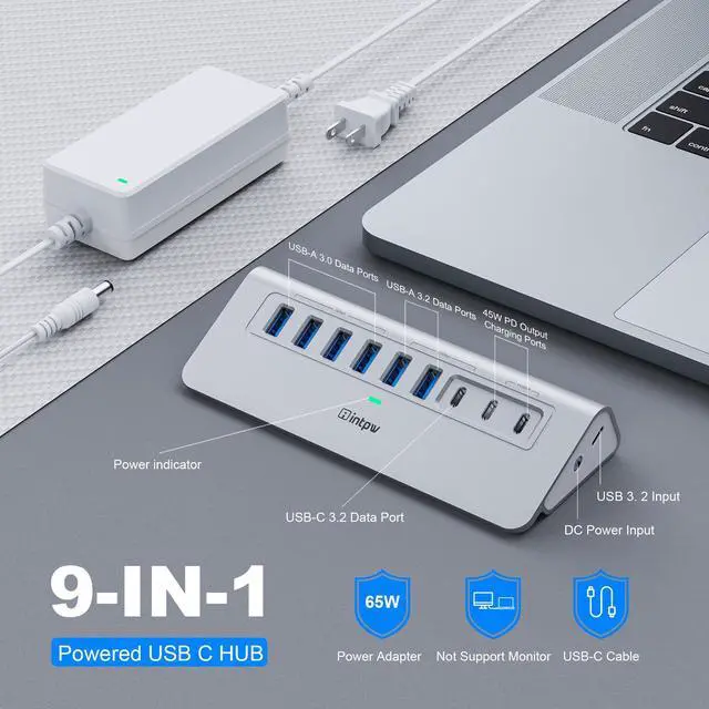 Alt view image 2 of 7 - Powered USB Hub 10Gbps, intpw 9-Port USB 3.2 Hub, USB C Hub with USB A/USB C 3.2, 4 USB 3.0, 2 PD 45W Charging Ports, 65W Power Adapter and 3.3FT Cable, Aluminum USB Hub for PC,Laptop,iPhone 17/16/15