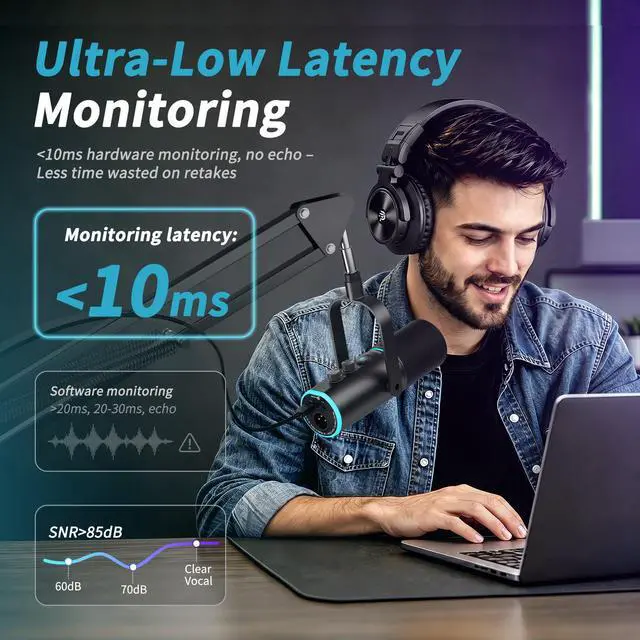 Alt view image 4 of 7 - XLR/USB Podcast Microphone, Gaming Mic with Mute Button, Reverb Effects, Noise Cancellation, Boom Arm Stand, Headphones Jack, Dynamic Microphone for Streaming/Recording/Gaming/Vocal-Black