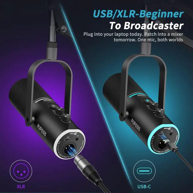 Alt view image 5 of 7 - XLR/USB Podcast Microphone, Gaming Mic with Mute Button, Reverb Effects, Noise Cancellation, Boom Arm Stand, Headphones Jack, Dynamic Microphone for Streaming/Recording/Gaming/Vocal-Black