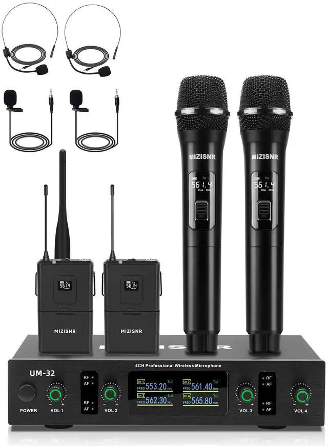 Main image of Lapel Wireless Microphone System with Headset & Lavalier Mics, 4 Channel UHF Metal Receiver with 2 Handheld Microphones & 2 Bodypacks, 300ft Range for Singing, Church, Karaoke, Wedding