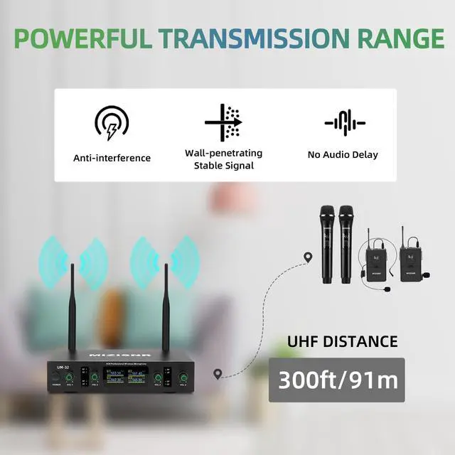 Alt view image 2 of 7 - Lapel Wireless Microphone System with Headset & Lavalier Mics, 4 Channel UHF Metal Receiver with 2 Handheld Microphones & 2 Bodypacks, 300ft Range for Singing, Church, Karaoke, Wedding