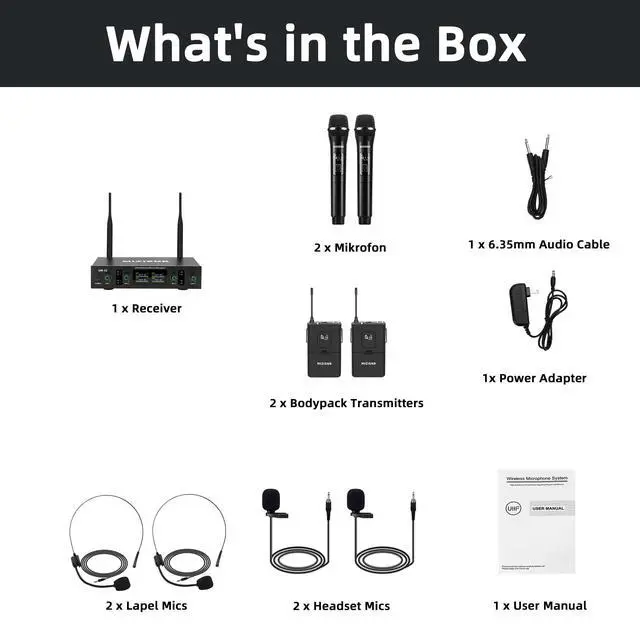 Alt view image 7 of 7 - Lapel Wireless Microphone System with Headset & Lavalier Mics, 4 Channel UHF Metal Receiver with 2 Handheld Microphones & 2 Bodypacks, 300ft Range for Singing, Church, Karaoke, Wedding