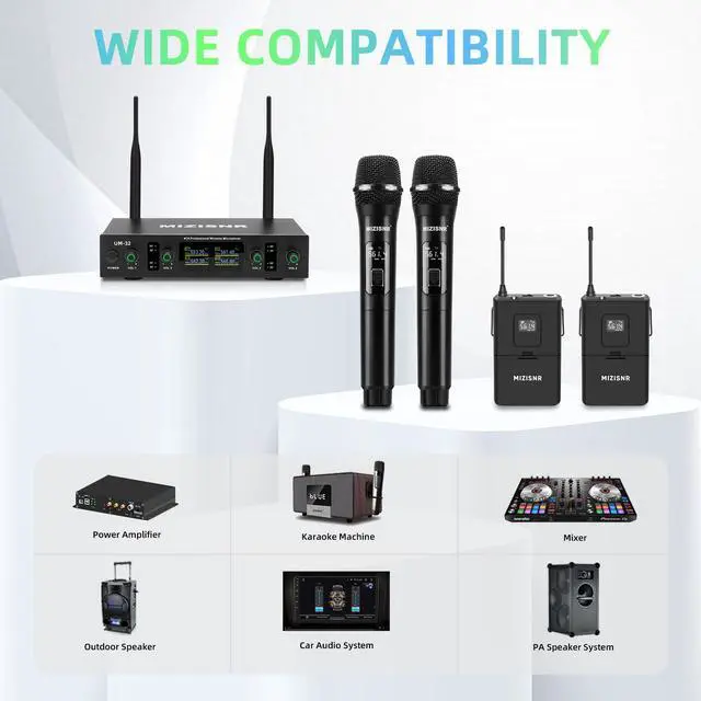Alt view image 6 of 7 - Lapel Wireless Microphone System with Headset & Lavalier Mics, 4 Channel UHF Metal Receiver with 2 Handheld Microphones & 2 Bodypacks, 300ft Range for Singing, Church, Karaoke, Wedding
