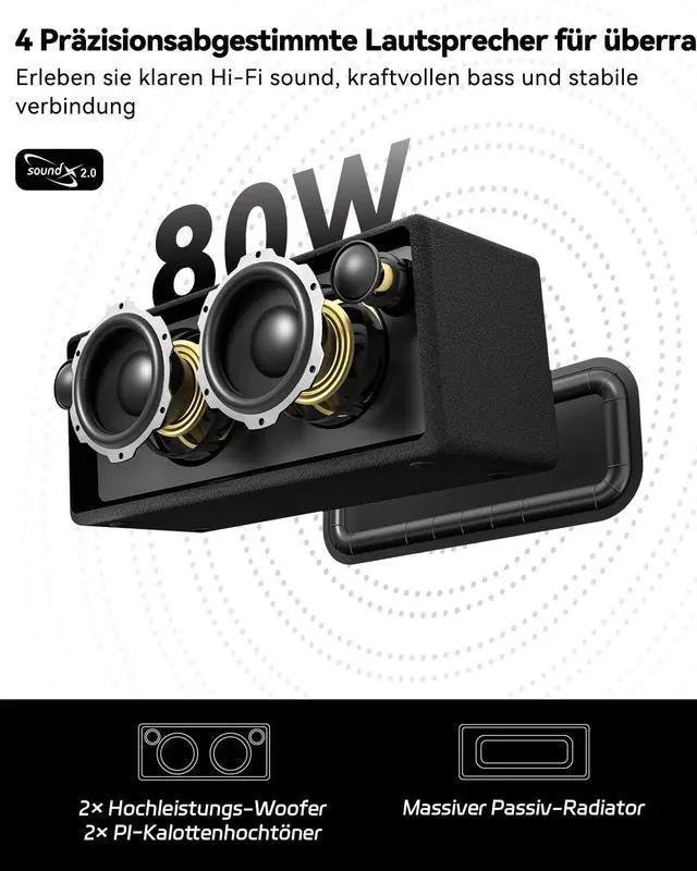 Alt view image 2 of 7 - Bluetooth Speaker, StageSound Retro Speaker Wireless, Portable Loud Speaker with Bass Boost, 80W, IP67 Waterproof, LED Lights, TWS Pairing, 12H Playtime, TF/AUX/USB Play for Party, Home, Outdoor, Gift