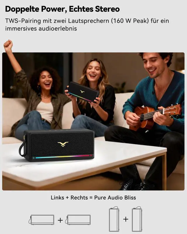 Alt view image 5 of 7 - Bluetooth Speaker, StageSound Retro Speaker Wireless, Portable Loud Speaker with Bass Boost, 80W, IP67 Waterproof, LED Lights, TWS Pairing, 12H Playtime, TF/AUX/USB Play for Party, Home, Outdoor, Gift
