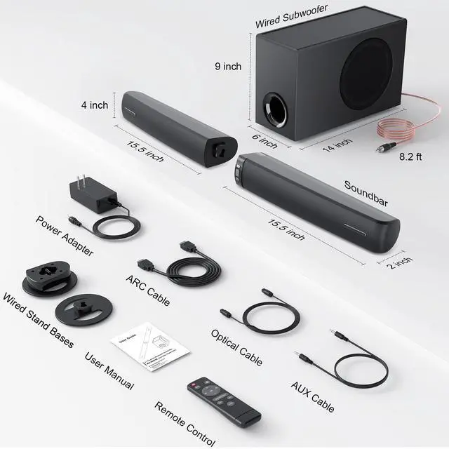 Alt view image 7 of 7 - Sound Bar with Subwoofer, 110W Sound Bar for Smart TV with Adjustable Deep Bass & Volume Boost & 3 Equalizer Modes, Bluetooth/ARC/Opt/AUX, Detachable Soundbar for TV/PC/Gaming/Projectors