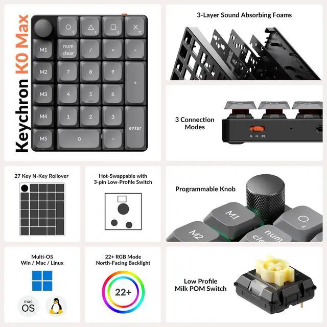 Alt view image 3 of 7 - K0 Max Wireless Low-Profile Number Pad, QMK/VIA Programmable, Hot-Swappable Banana Switch, RGB Backlit, 2.4GHz & Bluetooth 5.3, 1000Hz Polling Rate, with Knob, for Windows/Mac
