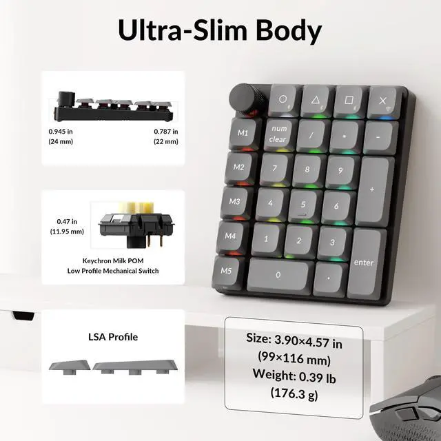 Alt view image 4 of 7 - K0 Max Wireless Low-Profile Number Pad, QMK/VIA Programmable, Hot-Swappable Banana Switch, RGB Backlit, 2.4GHz & Bluetooth 5.3, 1000Hz Polling Rate, with Knob, for Windows/Mac