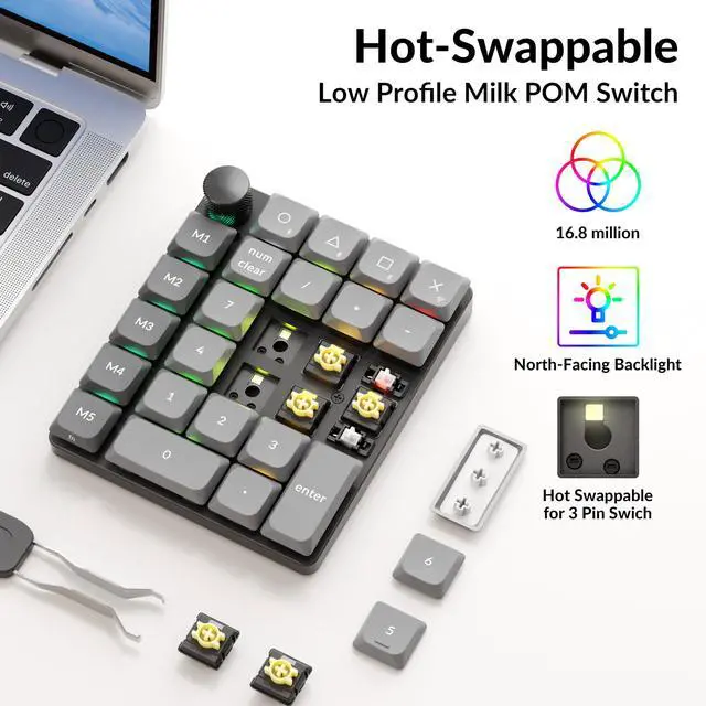 Alt view image 6 of 7 - K0 Max Wireless Low-Profile Number Pad, QMK/VIA Programmable, Hot-Swappable Banana Switch, RGB Backlit, 2.4GHz & Bluetooth 5.3, 1000Hz Polling Rate, with Knob, for Windows/Mac