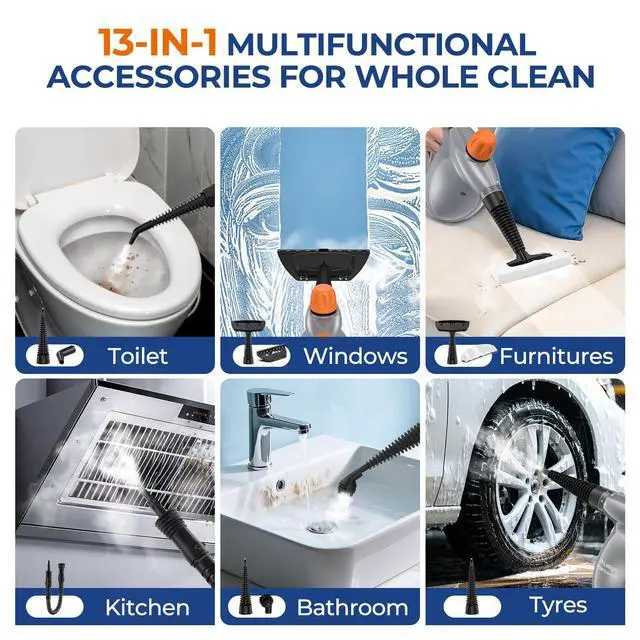 Alt view image 5 of 7 - Steam Cleaner, Pressurized Handheld 13pcs Multi-Purpose Natural Deep Cleaning Steamer, Portable Steamer for Cleaning Home, Grout, Kitchen, Car, Window, Upholstery, Bathroom and Clothes, Gray