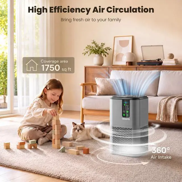Alt view image 4 of 7 - Air Purifiers for Home Large Room Up to 1750ft², Vendfo H13 HEPA Air Purifier for Bedroom with Auto Air Quality Monitor, Air Cleaner with Fragrance for Smoke Dust Pollen Pets Hair Odor, Grey Black
