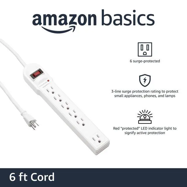Alt view image 2 of 4 - Surge Protector Power Strip, 6-Outlet, 790 Joules, Circuit Breaker, LED Indicator, 6ft Extension Cord, White
