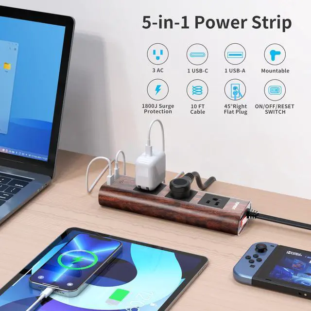 Alt view image 2 of 7 - Power Strip Surge Protector (1800J) 10FT Extension Cord with Ultra Thin Flat Plug, 3 Widely-Spaced Outlets, 1 USB-C & 1 USB-A Port, Wood Finish Power Strip with USB for Home, Office or Dorm