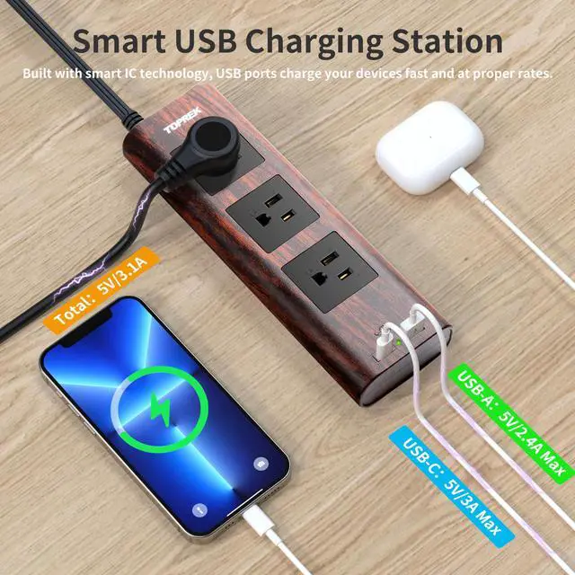Alt view image 3 of 7 - Power Strip Surge Protector (1800J) 10FT Extension Cord with Ultra Thin Flat Plug, 3 Widely-Spaced Outlets, 1 USB-C & 1 USB-A Port, Wood Finish Power Strip with USB for Home, Office or Dorm
