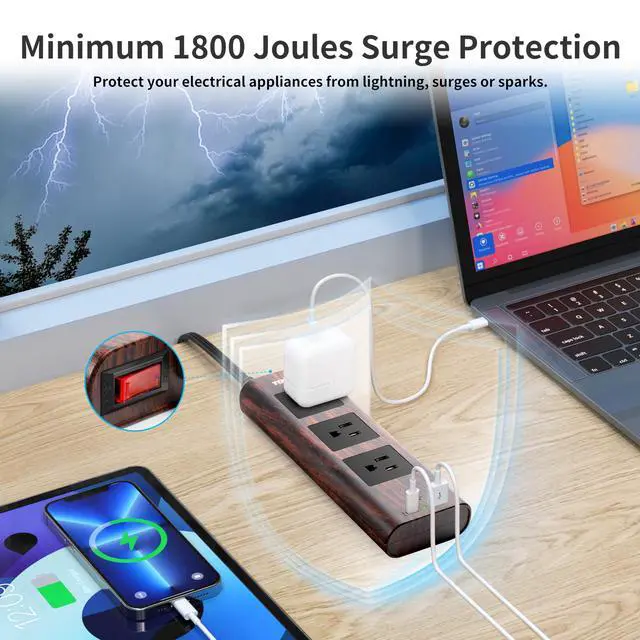 Alt view image 4 of 7 - Power Strip Surge Protector (1800J) 10FT Extension Cord with Ultra Thin Flat Plug, 3 Widely-Spaced Outlets, 1 USB-C & 1 USB-A Port, Wood Finish Power Strip with USB for Home, Office or Dorm