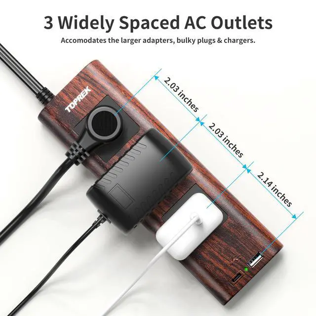Alt view image 5 of 7 - Power Strip Surge Protector (1800J) 10FT Extension Cord with Ultra Thin Flat Plug, 3 Widely-Spaced Outlets, 1 USB-C & 1 USB-A Port, Wood Finish Power Strip with USB for Home, Office or Dorm