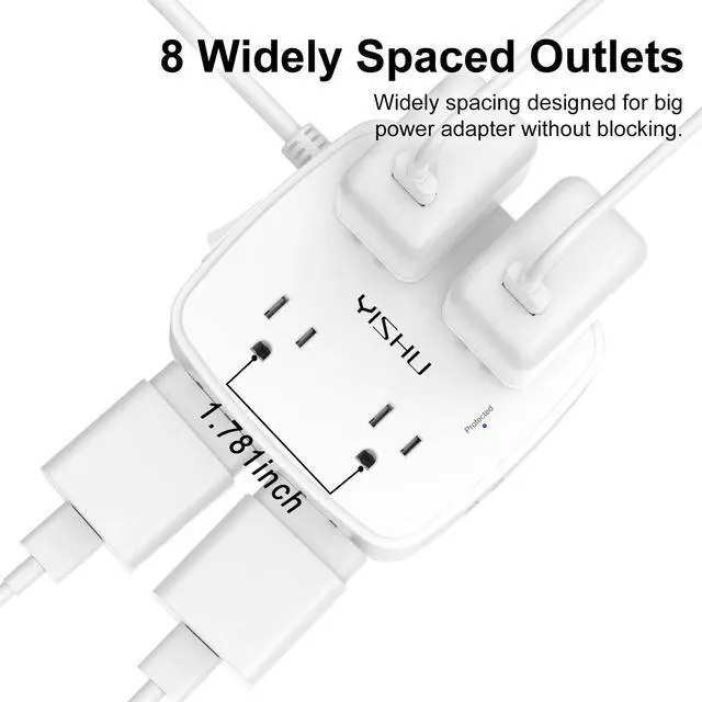 Alt view image 3 of 7 - 6 Ft Surge Protector Power Strip - 8 Widely Outlets with 4 USB Ports, 3 Side Outlet Extender with 6 Feet Extension Cord, Flat Plug, Wall Mount, Desk USB Charging Station, ETL,White