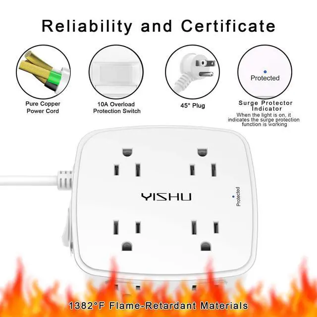 Alt view image 6 of 7 - 6 Ft Surge Protector Power Strip - 8 Widely Outlets with 4 USB Ports, 3 Side Outlet Extender with 6 Feet Extension Cord, Flat Plug, Wall Mount, Desk USB Charging Station, ETL,White